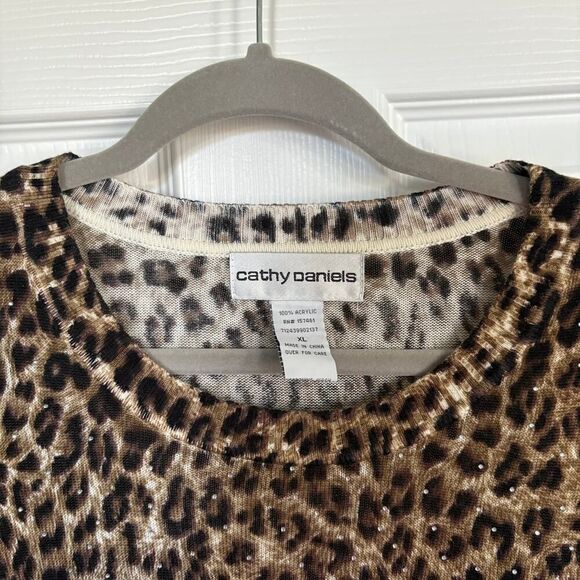 Cathy Daniels Leopard Print Sequin Lightweight Sweater Brown Black XL - Picture 2 of 11